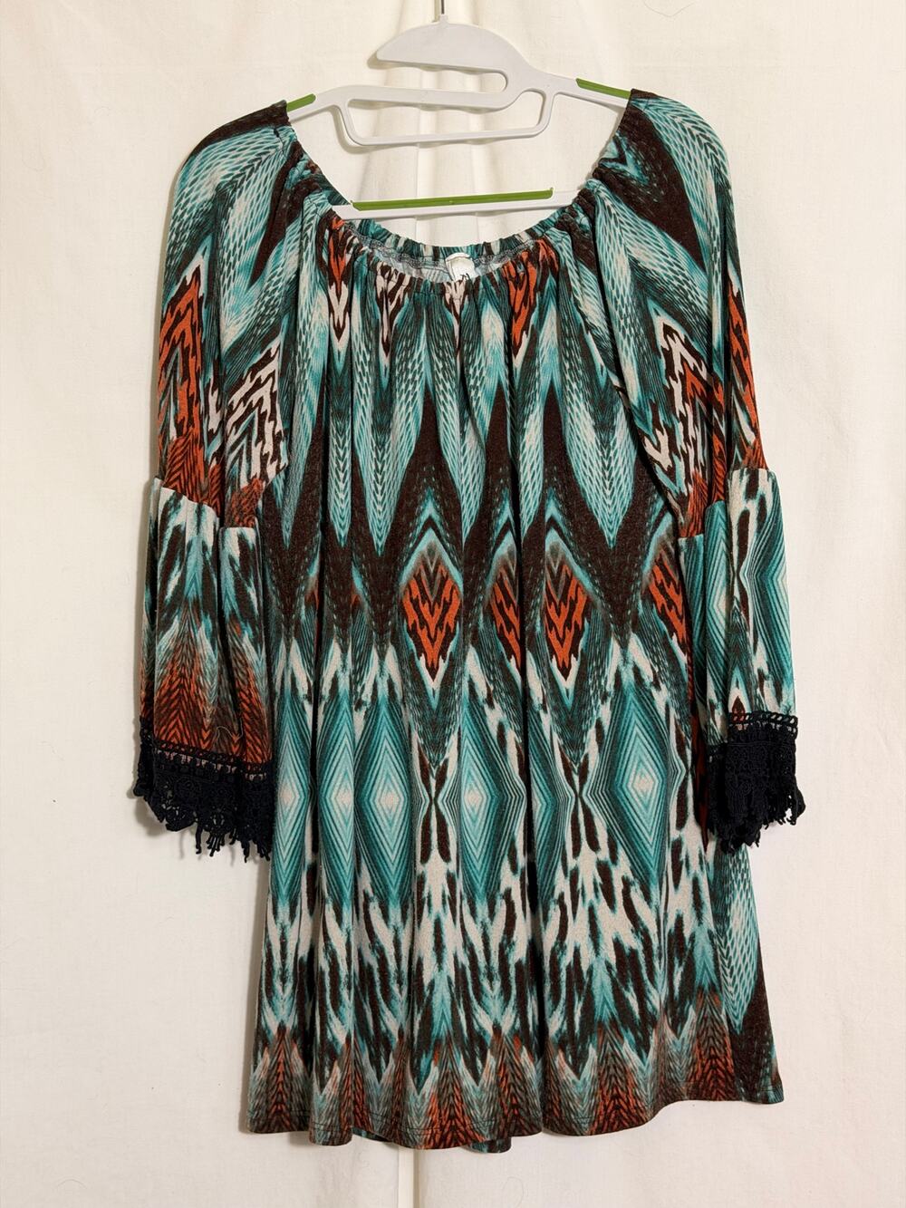 R. Rouge XL Boho Peasant Top Turquoise Geometric Print Crochet Trim